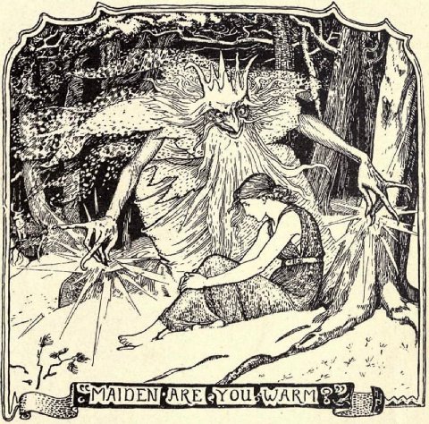 MAIDEN, ARE YOU WARM? 

конечно, Марфуше — а это ведь она, а обращается к ней на английском не кто иной, как Морозко — холодно сидеть на снегу в такой модной тунике. но ничего не поделаешь — таково ве