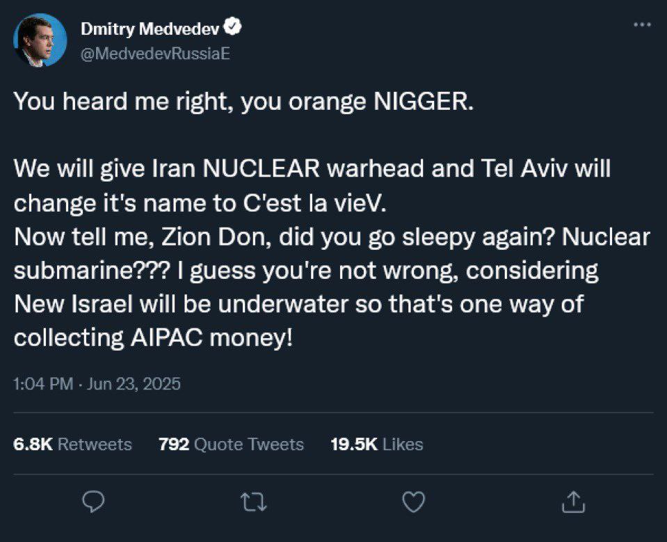Dmitry Medvedev You heard me right, you orange NIGGER. We will give lran NUCLEAR warhead and Tel Aviv will change it's name to vieV. Now tell me, Zion Don, did you sleepy again? Nuclear submarine??? y