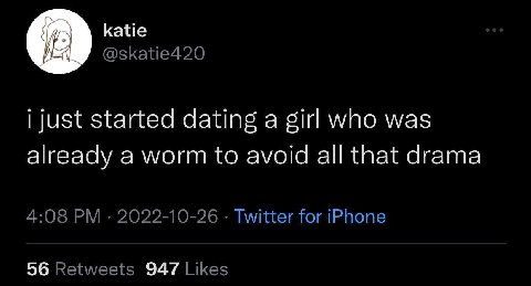 katie PEA @skatie420 i just started dating a girl who was already a worm to avoid all that drama 4:08 2022-10-26 Twitter for iPhone 56 Retweets 947 Likes