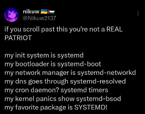 nikuw if you scroll past this you're not a REAL PATRIOT my init system is systemd my bootloader is systemd-boot my network manager is systemd-networkd my dns goes through systemd-resolved my cron daem