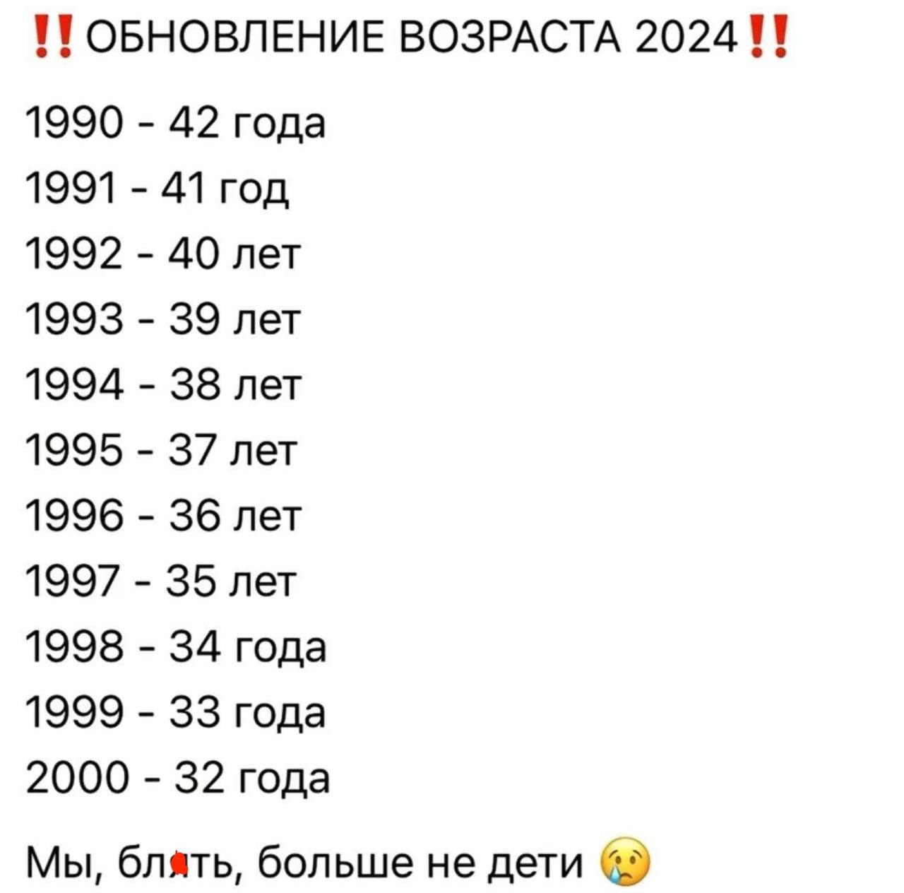 ОБНОВЛЕНИЕ ВОЗРАСТА 202411 1990 42 года 1991 41 год 1992 40 лет 1993 39 лет 1994 38 лет 1995 37 лет 1996 36 лет 1997 35 лет 1998 34 года 1999 33 года 2000 32 года Мы, блять, больше не дети