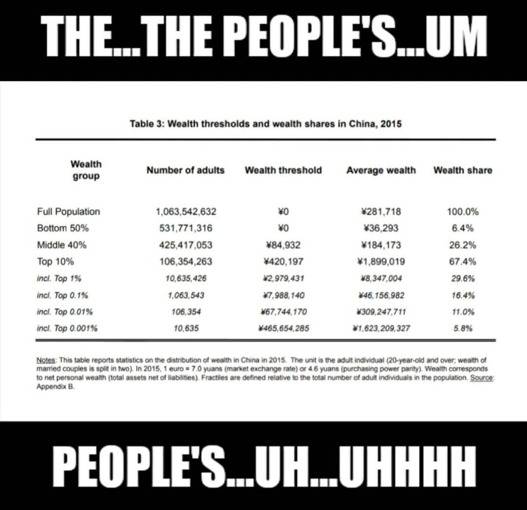i HE... НЕ EOPLE Table 3: Wealth thresholds and wealth shares in China, 2015 Wealth group Number of adults Wealth threshold Average Wealth share Full Population 1,063,542,632 ¥281,718 100.0% Bottom 50