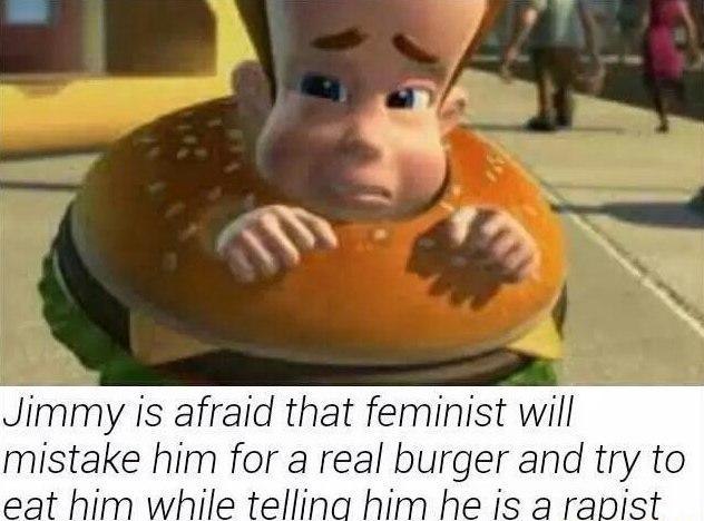 Лтту is afraid that feminist will mistake him for a real burger and try to eat him while telling him he Is a rapist