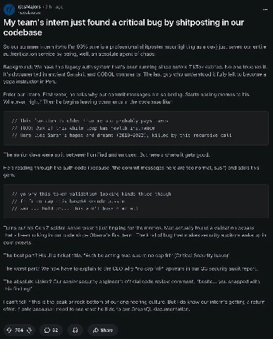 hacobozos My team's intern just found a critical bug shitposting in our codebase So our summer intern (who 90% sure is a professional shitposter moonlighting as a dev) just saved our entire authentica