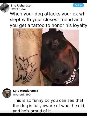 Eric Richardson Follow @KyleH_302 When your dog attacks your Slept with your closest friend and you get a tattoo to honor his loyalty Kyle Henderson This is so funny you can see that the dog is fully 