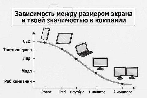 Зависимость между размером экрана и твоеи значимостью в компании CEO оп-менеджер Раб компании iPhone iPad Ноутбук монитор 2 монитора