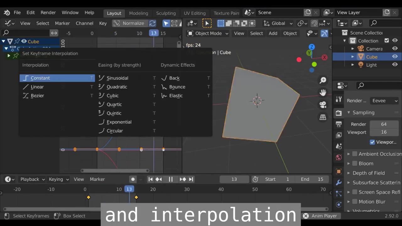 Today we gonna learn ct Animation curves < Buckle up fellas. LS | 3 7 № file Edit Render Window Help iByout™) Modeling Sculpting UV Editing Texture Pain @Sv Scene @ > Wy View Layer с» №. Object Mode ~