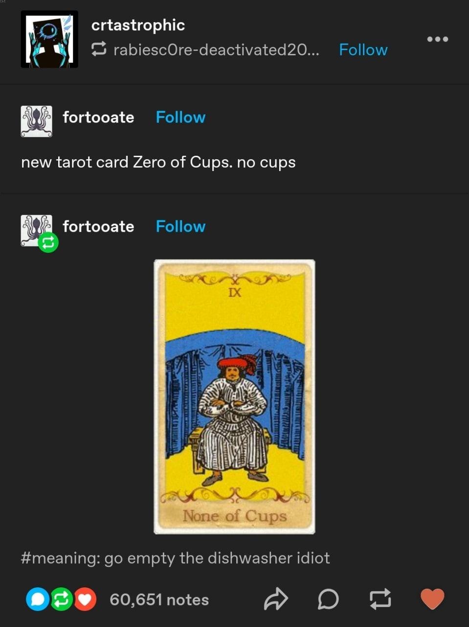 crtastrophic rabiescOre-deactivated20... Follow fortooate Follow new tarot card Zero of Cups. no cups Follow A #meaning: empty the dishwasher idiot