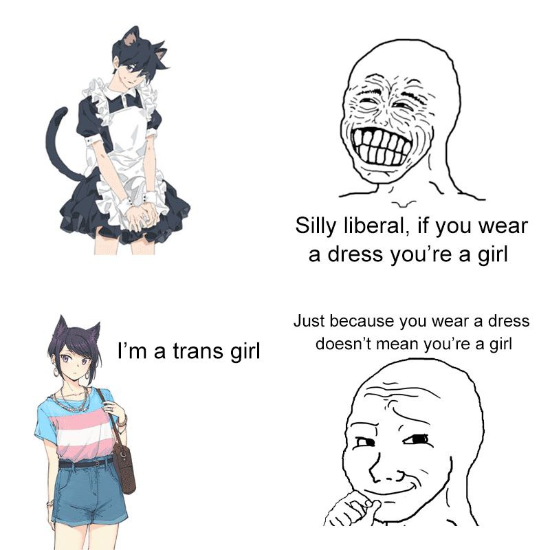 Silly liberal, if you wear a dress you're a girl Just because you wear a dress doesn’t mean you’re a girl a trans girl
