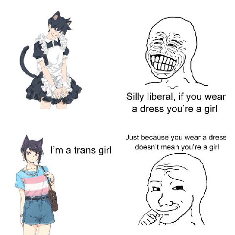 Silly liberal, if you wear a dress you're a girl Just because you wear a dress doesn’t mean you’re a girl a trans girl