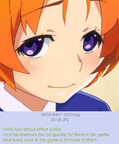 1662028467115624.jpg 65 JPG >RPG has status effect spells >normal enemies die too quickly for them to be useful >but every boss in the game is immune to them