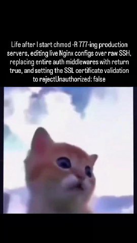 Life after | start chmod -В 777-ing production servers, editing live Nginx configs over raw SSH, replacing entire auth middlewares with return true, and setting the SSL certificate validation to rejec