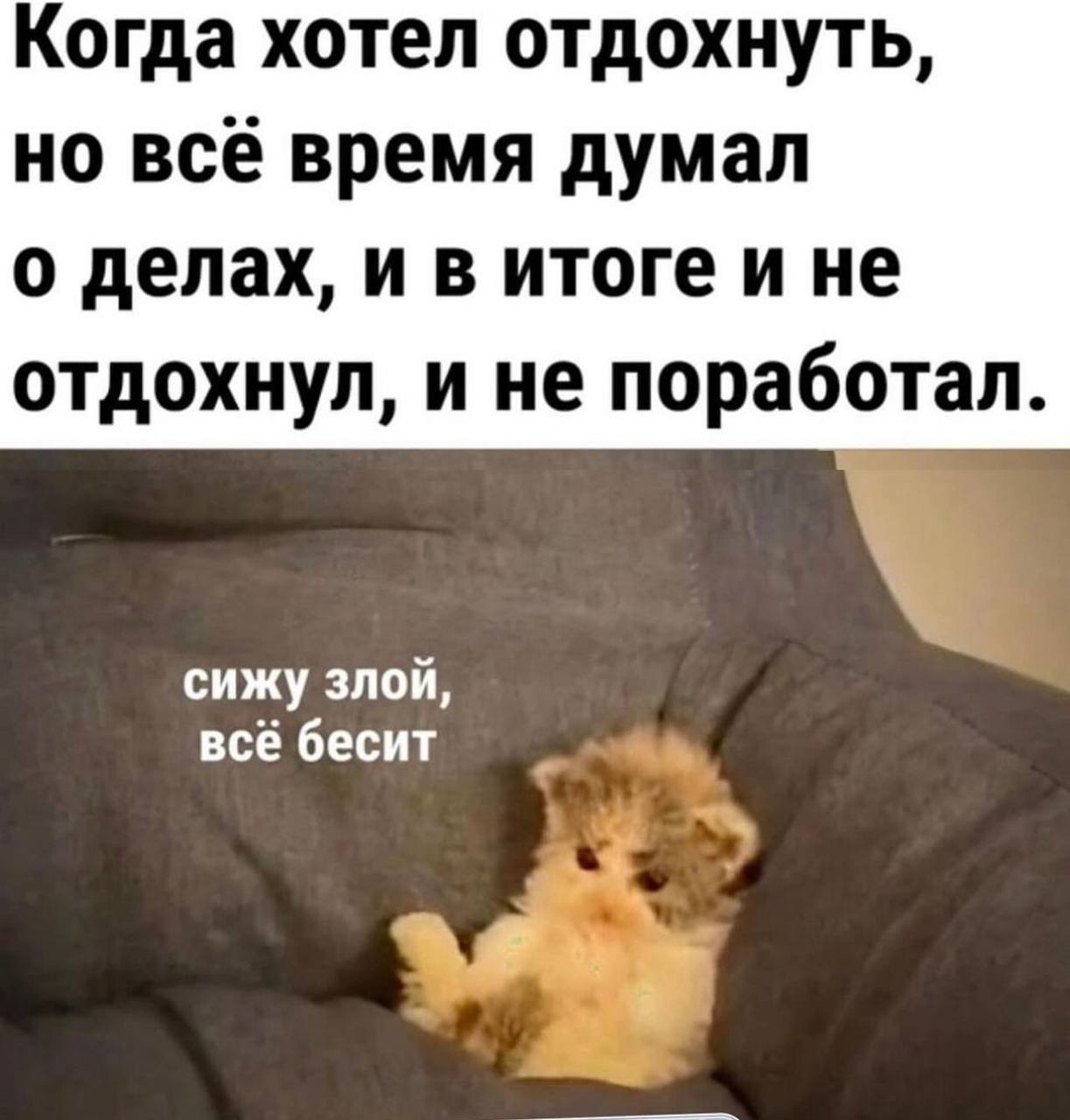 Когда хотел отдохнуть, но всё время думал о делах, и в итоге и не отдохнул, и не поработал. сижу злой, всё бесит