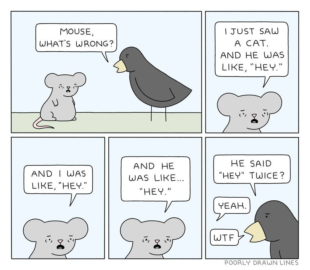 MOUSE, JUST SAW WHAT'S WRONG? A CAT. AND HE WAS LIKE, “HEY.” AND HE AND WAS WAS LIKE LIKE, “HEY.” 55 POORLY LINES