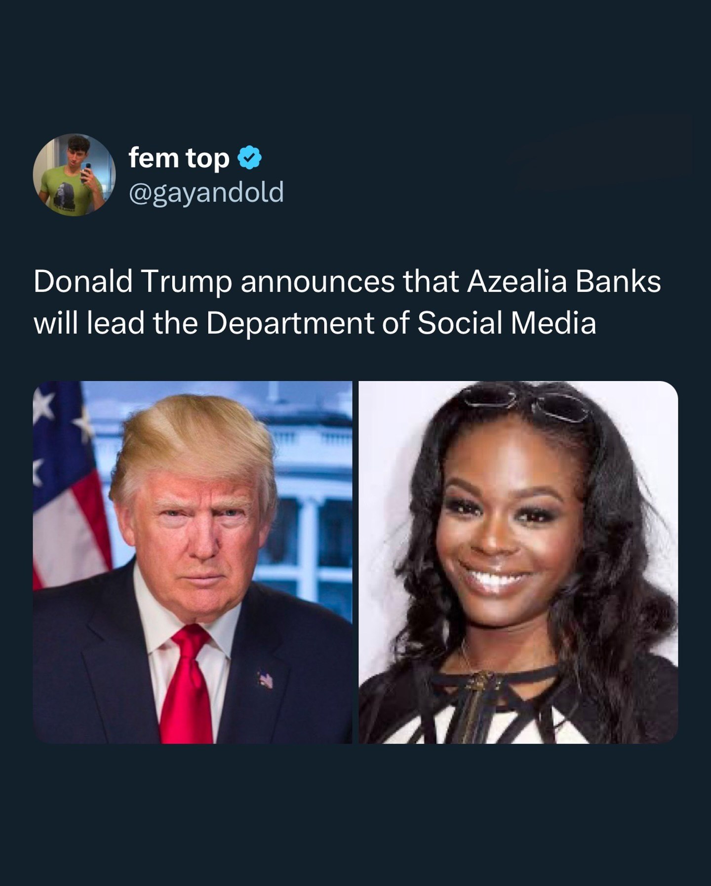 fem top @gayandold Donald Trump announces that Azealia Banks will lead the Department of Social Media