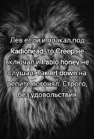 Лев если и плакал под Radiohead, то Creep не включал и ‘Pablo honey He слушал. „Так. let down репитепогонял. Строго без удовольствия