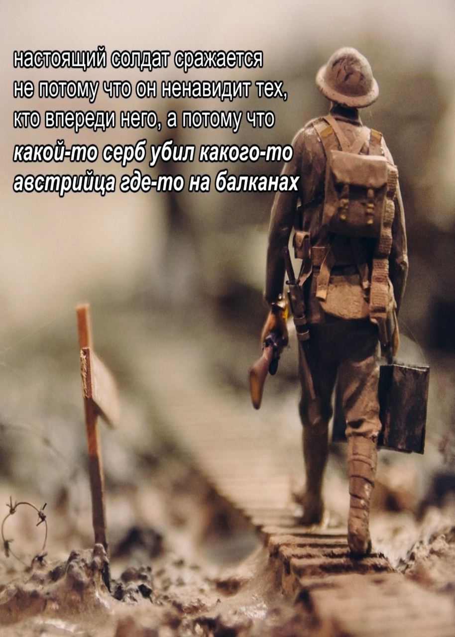 настоящий сражается не потому что он ненавидит тех, кто впереди него, а потому что какой-то серб убил какого-то австрийца где-то на балканах
