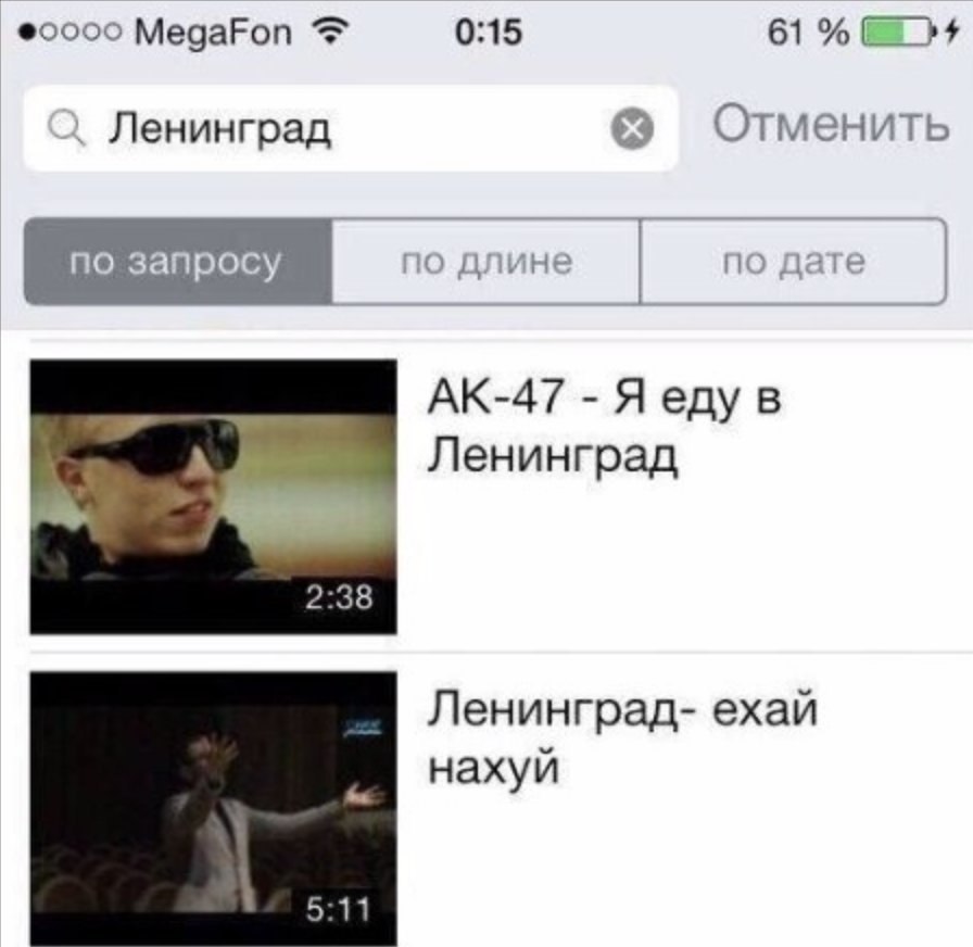 МедаРоп 0:15 61 Ленинград Отменить Яеду в Ленинград 2:38 Ленинград- ехай нахуй 5:11