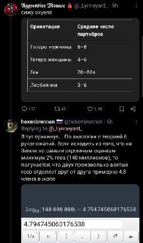 Menace сижу охуела Ориентация Среднее число партнёров Гетеро мужчины 6-8 Гетеро женщины 4-6 Геи 20-50+ Лесбиянки 3-6 hexenbrennen @_Lynneyard Я тут прикинул По аналогии с теорией 6 рукопожатий. Если и