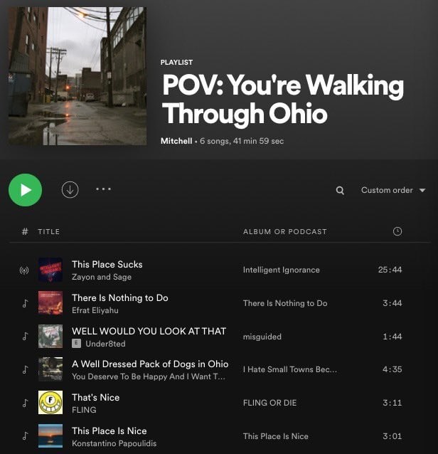 PLAYLIST You're Walki POV: You're Walking Through Ohio Mitchell This Place Sucks There Is Nothing to WELL WOULD YOU LOOK AT THAT A Well Dressed Pack of Dogs in Ohio КОХ That's Nice This Place Is Nice