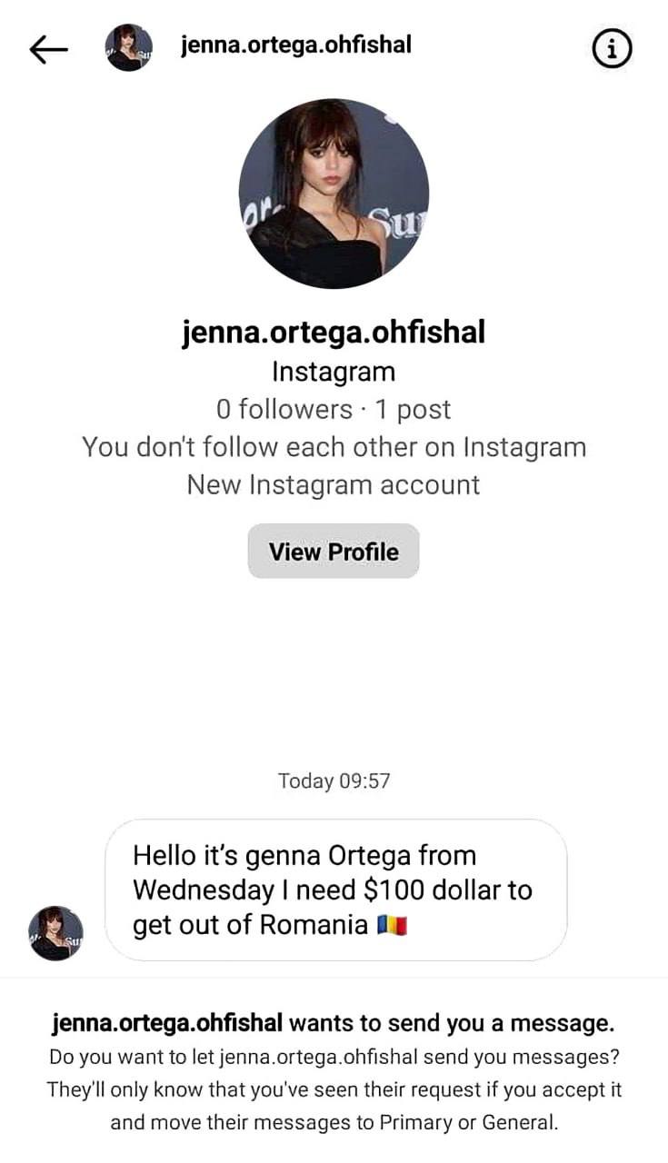 jenna.ortega.ohfishal jenna.ortega.ohfishal Instagram О followers 1 post You follow each other on Instagram New Instagram account View Profile Today 09:57 Hello it’s genna Ortega from Wednesday need $