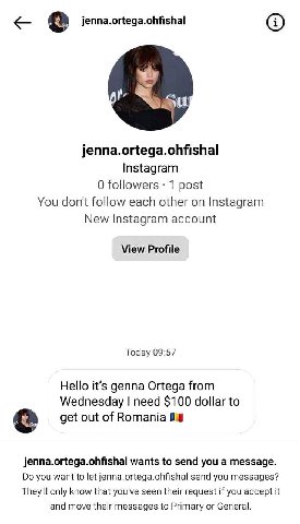 jenna.ortega.ohfishal jenna.ortega.ohfishal Instagram О followers 1 post You follow each other on Instagram New Instagram account View Profile Today 09:57 Hello it’s genna Ortega from Wednesday need $