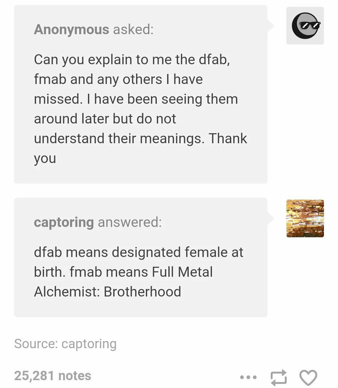 Anonymous asked: 2 Can you explain to the dfab, fmab and any others have missed. have been seeing them around later but not understand their meanings. Thank you captoring answered: dfab means designat