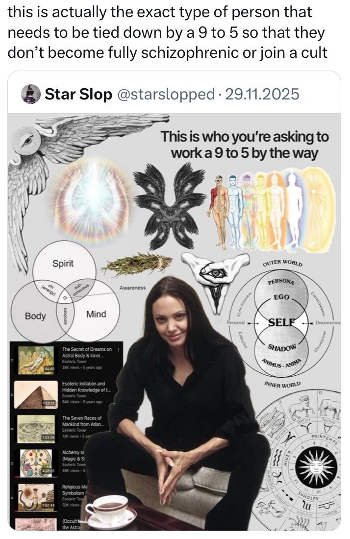 this is actually the exact type of person that needs to be tied down а Это 5 so that they don’t become fully schizophrenic or join a cult Star Slop @starslopped 29.11.2025 This is who you're asking to
