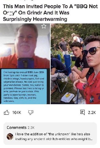 This Man Invited People To A "BBQ Not On Grindr And It Was Surprisingly Heartwarming 7: 7 having my annual BBQ June from Ipm until slow cook pig, chicken wings, hamburgers, fish and vegetarian meats. 