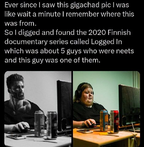 Ever since saw this gigachad рис was like wait a minute remember where this was from. So digged and found the 2020 Finnish documentary series called Logged In which was about 5 guys who were neets and