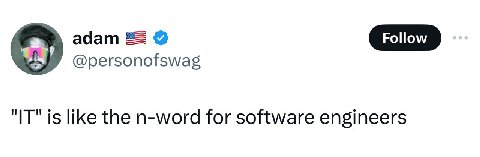 adam Follow "IT" is like the n-word for software engineers