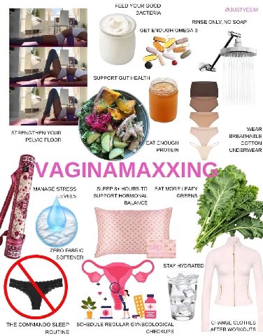 FEED YOUR GOOD BACTERIA DJUSTYESIM RINSE ONLY, NO SOAP Я GET ENOUGH OMEGA-3 me wre SUPPORT GUT HEALTH we WEAR STRENGTHEN YOUR BREATHABLE PELVIC FLOOR EAT ENOUGH COTTON PROTEIN UNDERWEAR AGINAMAXXIN MA