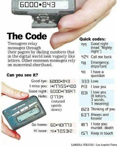 a The Code codes: Teenagers relay Good messages through (read “Nighty- their pagers dialing numbers that night”) the world look vaguely 424 Call me back etters. Other common messages rely on numerical