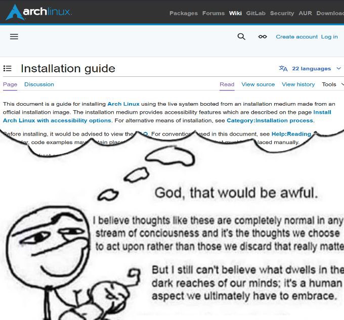 8 Create account Login Installation guide ЗА 22languages Page Discussion Read Viewhistory Tools This document is а guide for installing Arch Linux using the live system booted from an installation med