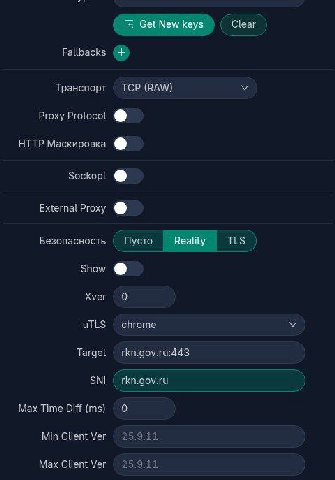 Get New keys Clear Fallbacxs Транспорт ТСР У Proxy Protecel HTTP Маскировка Sockapt Proxy Безопасность Пусто Reality TLS show Xver 0 uTLS Target Max Time Dif 0 Min Client Ver Max Client Ver