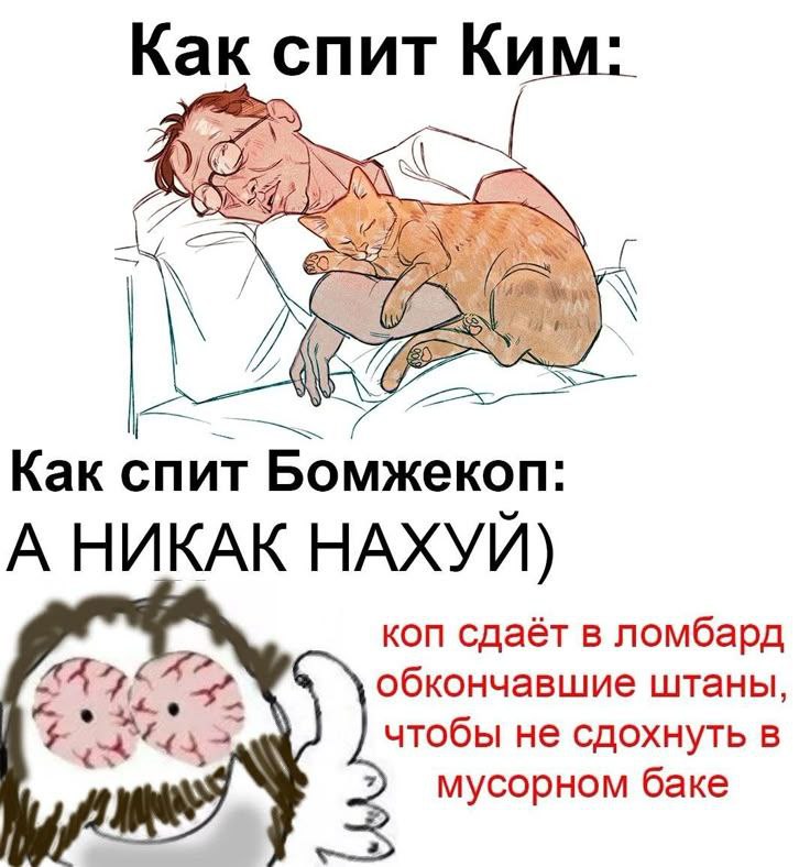 Как спит Ким: С Как спит Бомжекоп: А НИКАК НАХУЙ) коп сдаёт в ломбард обкончавшие штаны чтобы не сдохнуть в мусорном баке