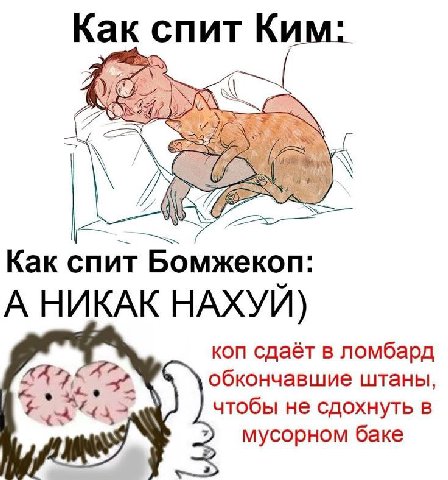 Как спит Ким: С Как спит Бомжекоп: А НИКАК НАХУЙ) коп сдаёт в ломбард обкончавшие штаны чтобы не сдохнуть в мусорном баке