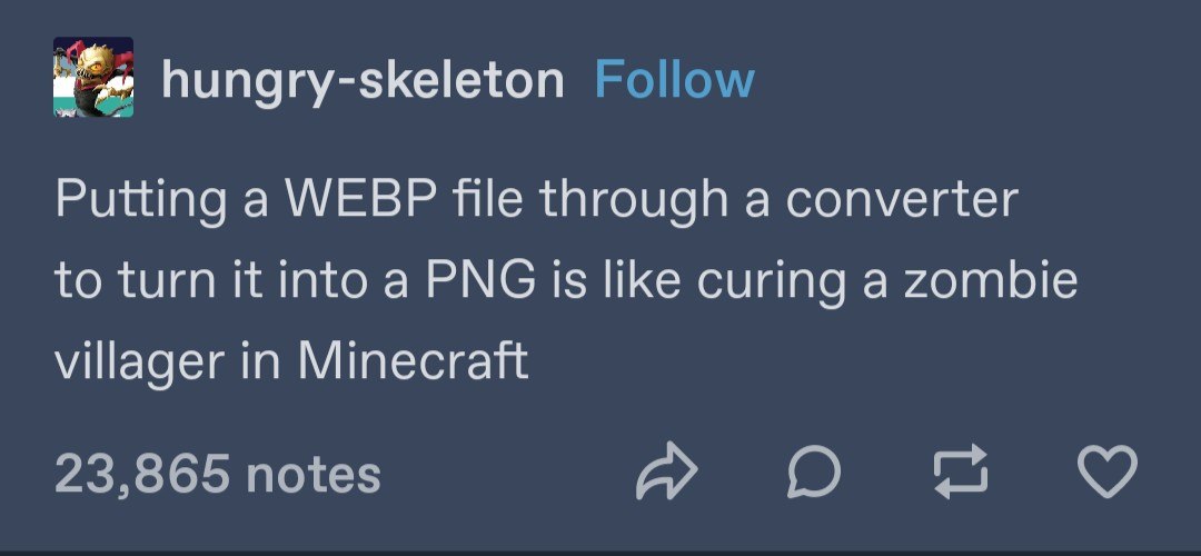 hungry-skeleton Follow Putting a WEBP file through a converter to turn it into a PNG is like curing a zombie villager in 23,865 notes