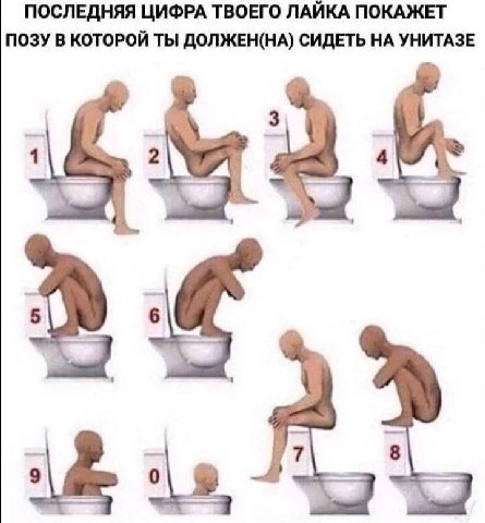 ПОСЛЕДНЯЯ ЦИФРА ТВОЕГО ЛАЙКА ПОКАЖЕТ ПОЗУ В КОТОРОЙ ТЫ ДОЛЖЕН(НА) СИДЕТЬ НА УНИТАЗЕ 1 2 4 7 8 9 0