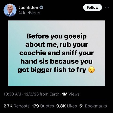 Joe Biden @JoeBiden Before you gossip about me, rub your coochie and sniff your hand sis because you got bigger fish to fry 10:30 12/2/23 from Earth Views Reposts 179 Quotes Likes 51 Bookmarks