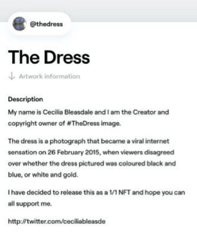 @thedress Description My name is Cecilia Bleasdale and the Creator and copyright owner of #TheDress image. The dress is a photograph that became a viral internet sensation on 26 February 2015, when vi