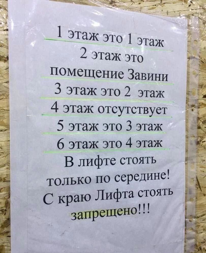 этаж это этаж Этаж это помещение Завини 3 этаж это 2 этаж 4 этаж отсутствует 5 этаж это 3 этаж 6 этаж это 4 этаж В лифте стоять “4 только по середине! ТОЯТЬ С краю Лифта с