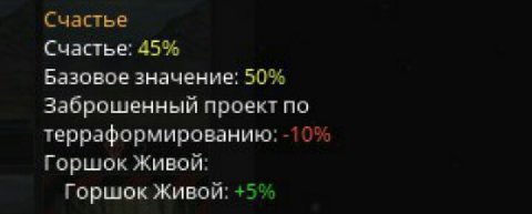 Счастье Счастье: 45% Базовое значение: 50% Заброшенный проект по терраформированию: 10% Горшок Живой: Горшок Живой: +5%