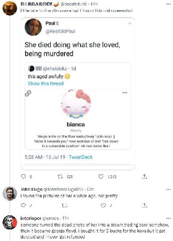BOBDADUCK @bobdaduck little late to the discourse but found this old screenshot She died doing what she loved, being murdered @xheieiekz this aged awfully Show this thread bianca “drops knife on the f
