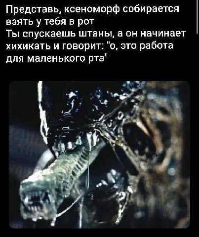 Представь, ксеноморф собирается взять у тебя в рот Ты спускаешь штаны, а он начинает хихикать и говорит: "о, это работа для маленького рта" А