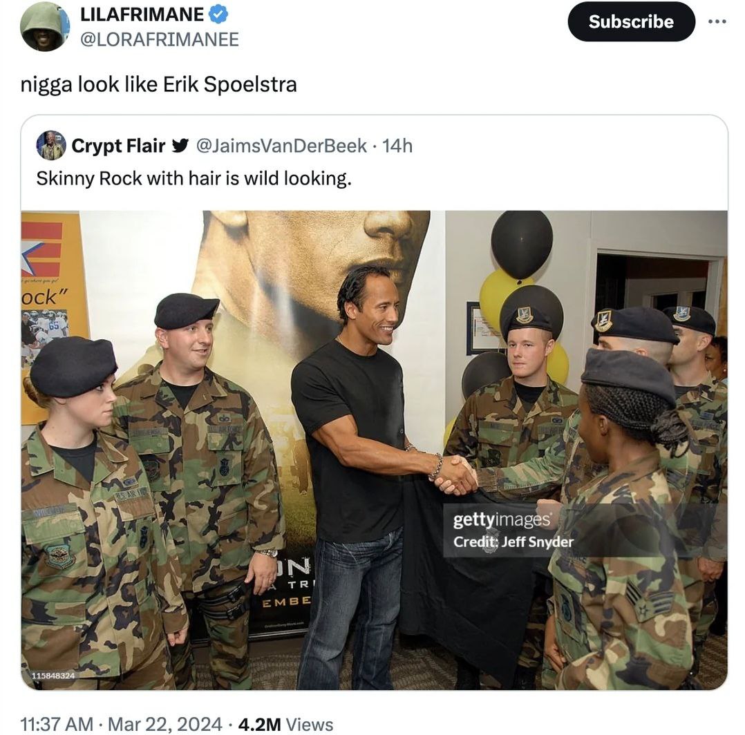 LILAFRIMANE @LORAFRIMANEE nigga look like Erik Spoelstra Crypt Flair @JaimsVanDerBeek Skinny Rock with hair is wild looking. 5 gettyimages Credit: Jeff Snyder got у 11:37 Mar 22, 2024 Views