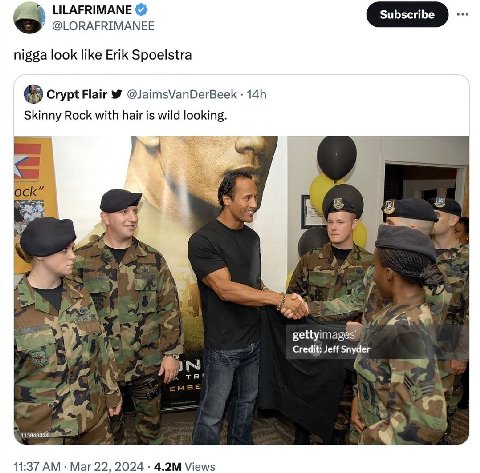 LILAFRIMANE @LORAFRIMANEE nigga look like Erik Spoelstra Crypt Flair @JaimsVanDerBeek Skinny Rock with hair is wild looking. 5 gettyimages Credit: Jeff Snyder got у 11:37 Mar 22, 2024 Views
