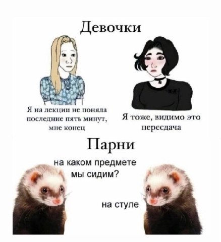 Девочки 2 Я на лекции не поняла Я тоже, видимо это последние пять минут, мне конец пересдача Парни на каком предмете мы сидим? cTyne