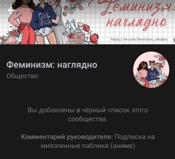 Я 2 Феминизм: наглядно Общество Вы добавлены в чёрный список этого сообщества Комментарий руководителя: Подписка на мизогинные паблики (аниме)