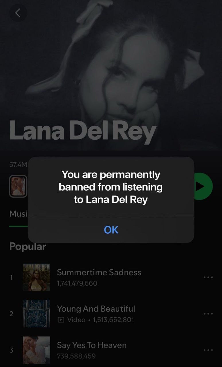 You are permanently banned from listening to Lana Del Rey
